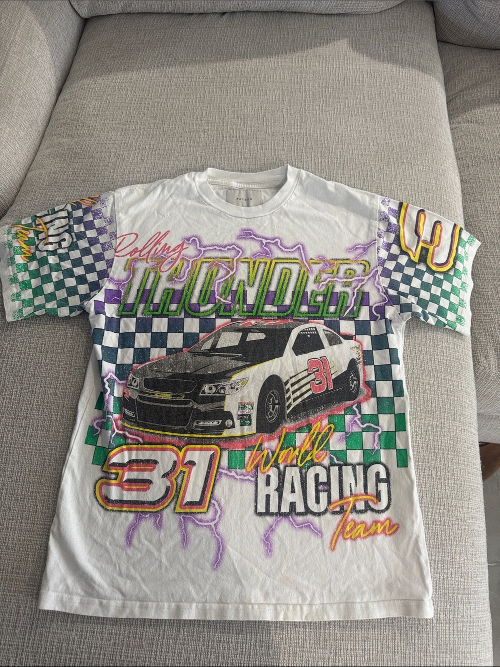 PacSun White Racing Graphic Tee with Green & Purple Accents